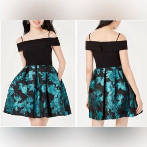 Morgan‎ & Company Pleated Floral A Line Strap Off Shoulder Dress Black Size 9